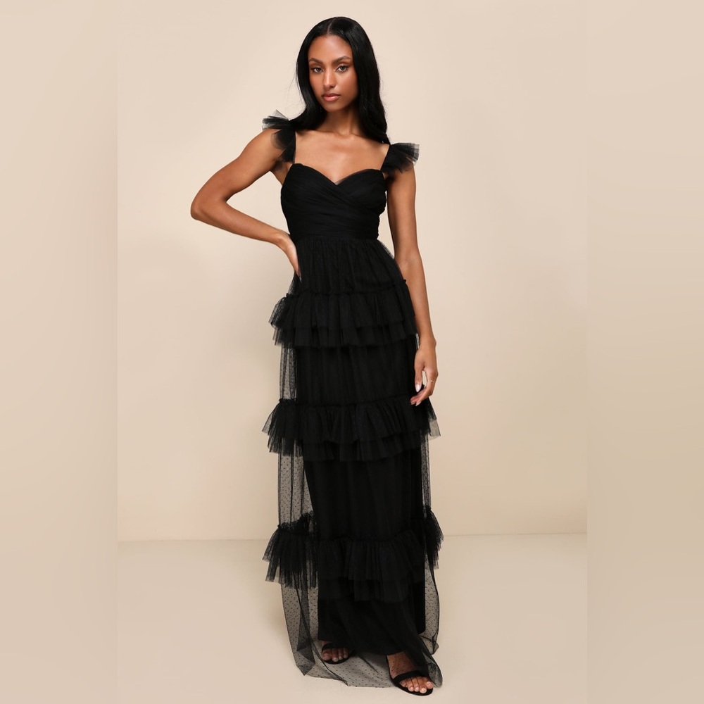 Lulus Pure Radiance Black Mesh Swiss Dot Tiered Maxi Dress, Size M - Picture 3 of 14